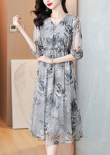 Load image into Gallery viewer, Natural Grey V Neck Ruffled Print Silk Dress Summer