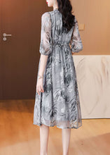 Load image into Gallery viewer, Natural Grey V Neck Ruffled Print Silk Dress Summer