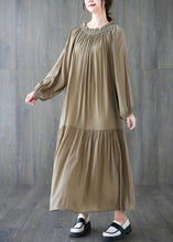 Load image into Gallery viewer, Natural Khaki Wrinkled Drawstring Chiffon Long Dress Long Sleeve