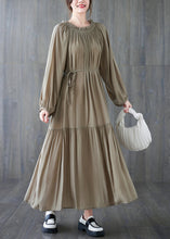 Load image into Gallery viewer, Natural Khaki Wrinkled Drawstring Chiffon Long Dress Long Sleeve