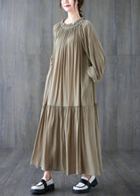 Load image into Gallery viewer, Natural Khaki Wrinkled Drawstring Chiffon Long Dress Long Sleeve