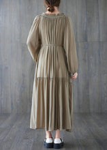 Load image into Gallery viewer, Natural Khaki Wrinkled Drawstring Chiffon Long Dress Long Sleeve