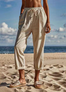 Natural Linen Patchwork Tie Waist Crop Pants Summer