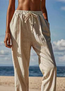 Natural Linen Patchwork Tie Waist Crop Pants Summer