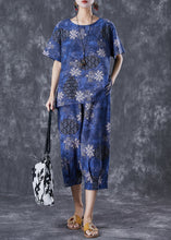 Load image into Gallery viewer, Natural Navy Oversized Print Linen Two Pieces Set Summer