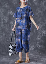 Load image into Gallery viewer, Natural Navy Oversized Print Linen Two Pieces Set Summer