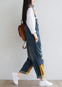 Natural Navy Patchwork Tasseled Denim Jumpsuit Spring