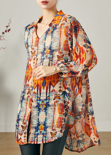 Natural Orange Print Side Open Chiffon Top Summer