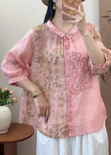 Load image into Gallery viewer, Natural Pink O-Neck Embroidered Patchwork Print Linen Top Spring