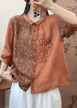 Load image into Gallery viewer, Natural Pink O-Neck Embroidered Patchwork Print Linen Top Spring