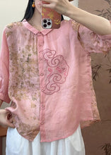 Load image into Gallery viewer, Natural Pink O-Neck Embroidered Patchwork Print Linen Top Spring