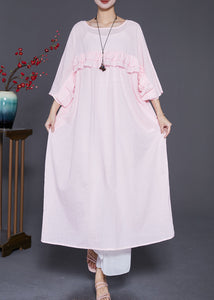 Natural Pink Ruffled Patchwork Linen Robe Dresses Batwing Sleeve