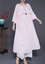 Load image into Gallery viewer, Natural Pink Ruffled Patchwork Linen Robe Dresses Batwing Sleeve