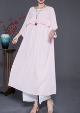 Load image into Gallery viewer, Natural Pink Ruffled Patchwork Linen Robe Dresses Batwing Sleeve