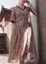 Load image into Gallery viewer, Natural Pink V Neck Print Patchwork Silk Dresses Summer