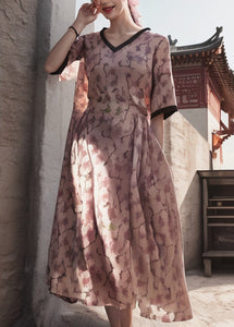 Natural Pink V Neck Print Patchwork Silk Dresses Summer