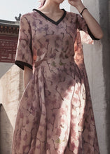 Load image into Gallery viewer, Natural Pink V Neck Print Patchwork Silk Dresses Summer