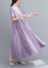 Load image into Gallery viewer, Natural Light Purple Flowers Pockets Short Sleeve Robe Cotton Linen Dresses