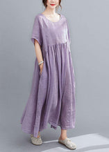 Load image into Gallery viewer, Natural Deep Purple Flowers Pockets Short Sleeve Robe Cotton Linen Dresses