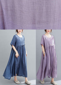 Natural Colorful Geometry Pockets Short Sleeve Robe Cotton Linen Dresses