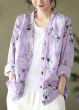 Load image into Gallery viewer, Natural Purple V Neck Print Cotton Blouses Spring