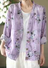 Load image into Gallery viewer, Natural Purple V Neck Print Cotton Blouses Spring