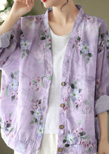 Load image into Gallery viewer, Natural Purple V Neck Print Cotton Blouses Spring