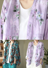 Load image into Gallery viewer, Natural Purple V Neck Print Cotton Blouses Spring