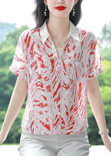 Load image into Gallery viewer, Natural Red Peter Pan Collar Print Chiffon Top Summer