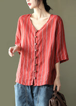 Load image into Gallery viewer, Natural Red V Neck Striped Linen Shirts Half Sleeve