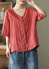 Load image into Gallery viewer, Natural Red V Neck Striped Linen Shirts Half Sleeve