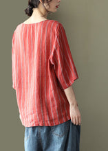 Load image into Gallery viewer, Natural Red V Neck Striped Linen Shirts Half Sleeve