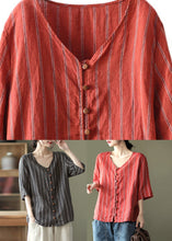 Load image into Gallery viewer, Natural Red V Neck Striped Linen Shirts Half Sleeve