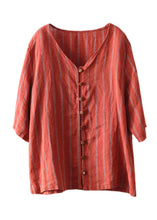 Load image into Gallery viewer, Natural Red V Neck Striped Linen Shirts Half Sleeve