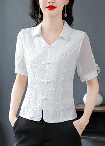 Natural White Peter Pan Collar Patchwork Chiffon Tops Summer