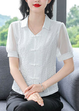 Load image into Gallery viewer, Natural White Peter Pan Collar Patchwork Chiffon Tops Summer