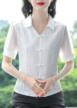 Load image into Gallery viewer, Natural White Peter Pan Collar Patchwork Chiffon Tops Summer