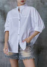 Load image into Gallery viewer, Natural White Stand Collar Puff Sleeve Cotton Shirt Top Summer