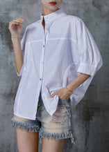 Load image into Gallery viewer, Natural White Stand Collar Puff Sleeve Cotton Shirt Top Summer