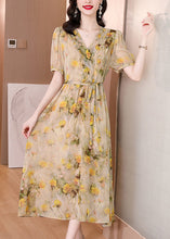 Load image into Gallery viewer, Natural Yellow V Neck Print Lace Up Silk Dress Summer