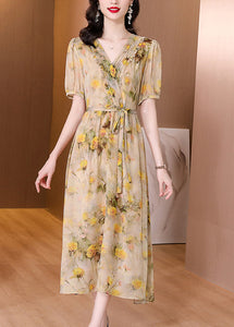 Natural Yellow V Neck Print Lace Up Silk Dress Summer