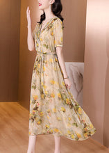 Load image into Gallery viewer, Natural Yellow V Neck Print Lace Up Silk Dress Summer