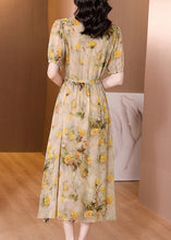 Load image into Gallery viewer, Natural Yellow V Neck Print Lace Up Silk Dress Summer