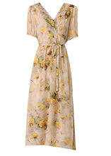 Load image into Gallery viewer, Natural Yellow V Neck Print Lace Up Silk Dress Summer