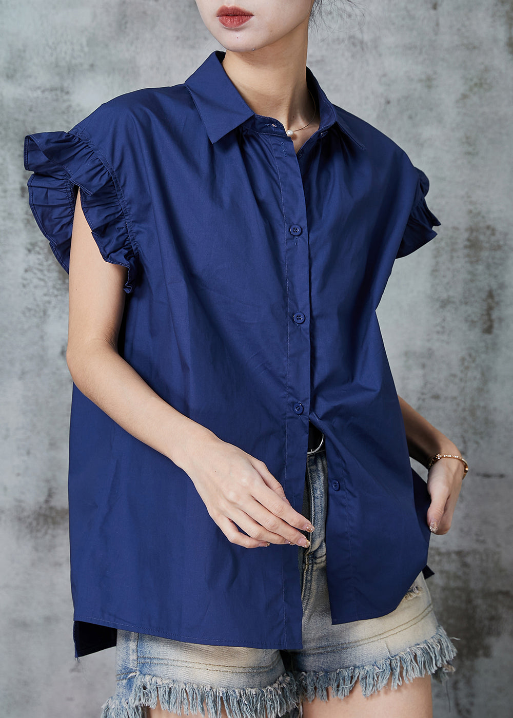 Navy Cotton Shirt Top Peter Pan Collar Petal Sleeve