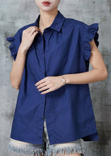 Load image into Gallery viewer, Navy Cotton Shirt Top Peter Pan Collar Petal Sleeve