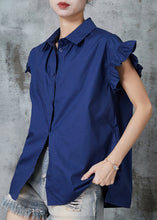 Load image into Gallery viewer, Navy Cotton Shirt Top Peter Pan Collar Petal Sleeve