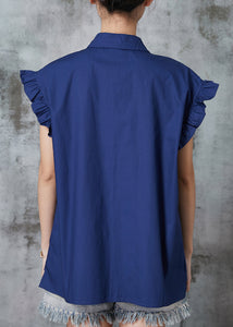 Navy Cotton Shirt Top Peter Pan Collar Petal Sleeve