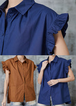 Load image into Gallery viewer, Navy Cotton Shirt Top Peter Pan Collar Petal Sleeve