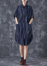 Load image into Gallery viewer, Navy Patchwork Cotton Shirt Dress Oversized Striped Summer